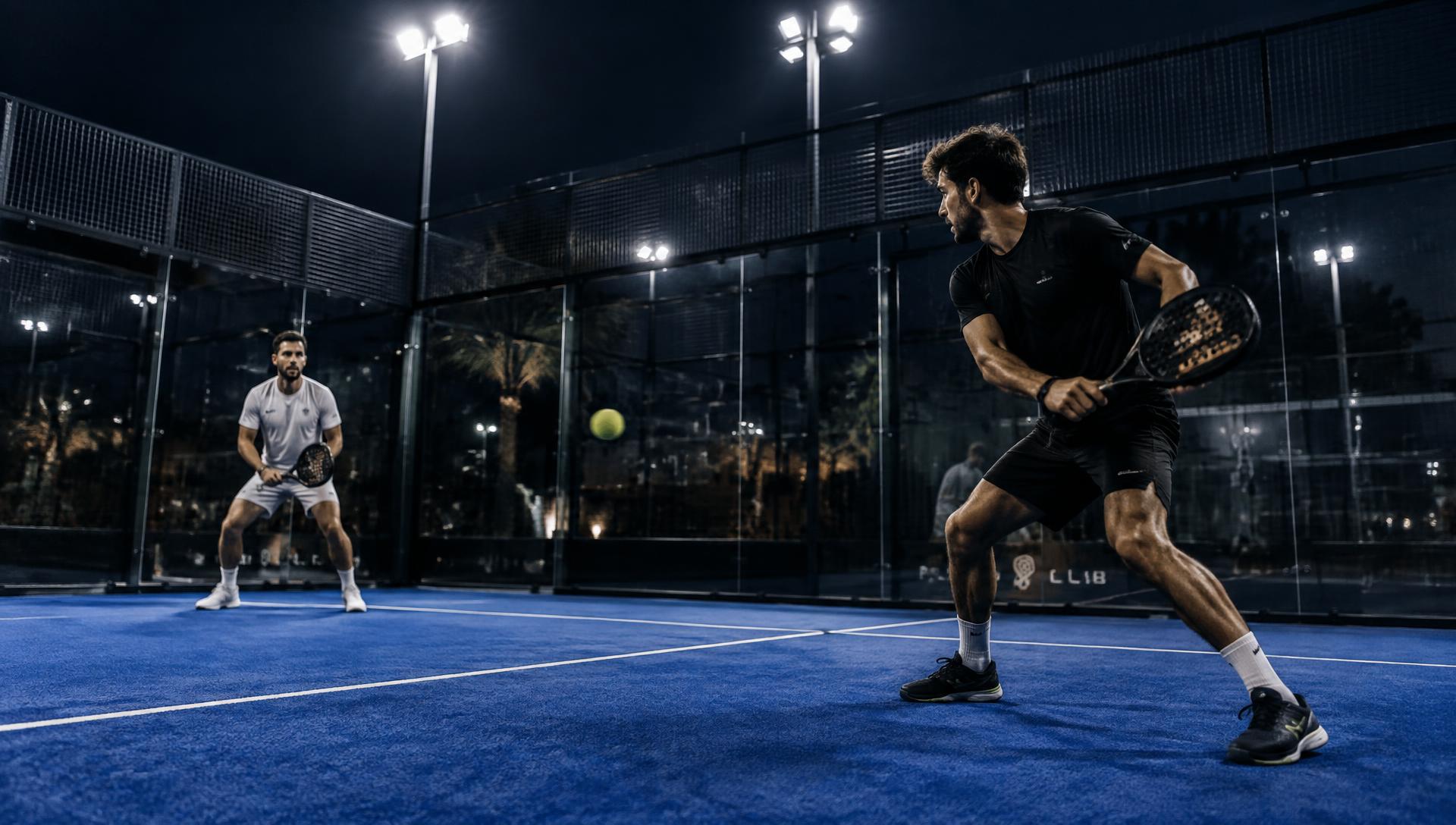 Padel players under the lights